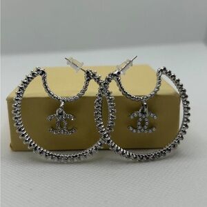 Double CC Silver tone dangle charm hoop earrings with pearl detail